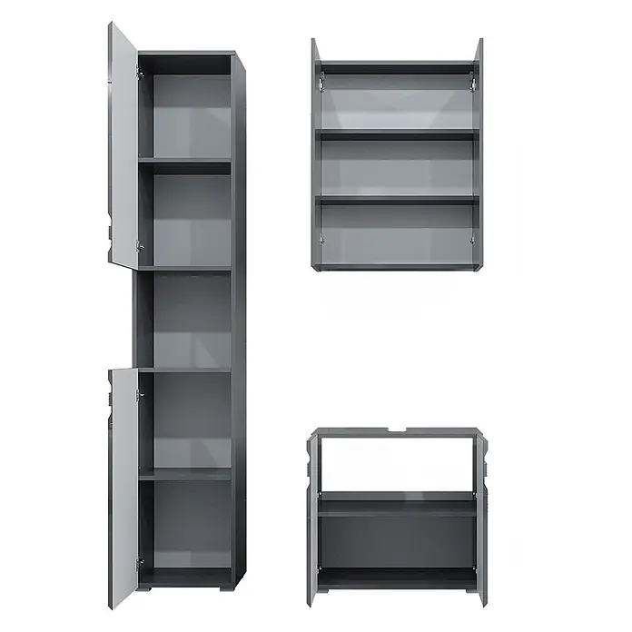 Vicco Badmöbel-Set Fredd Anthrazit Hochglanz 3 Teile, mit Hochschrank - Gesamtbreite Badmöbel: 96,4 cm, Anthrazit Hochglanz, Matt - Set modularer grauer Schränke mit offenen Fächern und Türen.