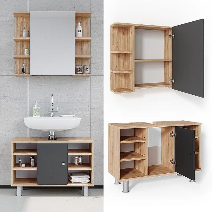 Vicco Badmöbel-Set Fynn Goldkraft Eiche 2 Teile, Unterschrank 80 cm - Gesamtbreite Badmöbel: 80 cm, Goldkraft Eiche, Matt - Badmöbel-Set aus hellem Holz mit dunkelgrauen Türen. Beinhaltet Spiegelschrank und Waschbeckenunterschrank mit offenen Regalen.