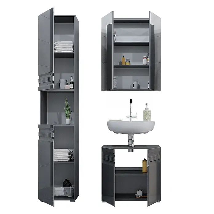 Vicco Badmöbel-Set Fredd Anthrazit Hochglanz 3 Teile, mit Hochschrank - Gesamtbreite Badmöbel: 96,4 cm, Anthrazit Hochglanz, Matt - Glänzende graue Badschränke und Waschtischunterschrank mit Spüle.