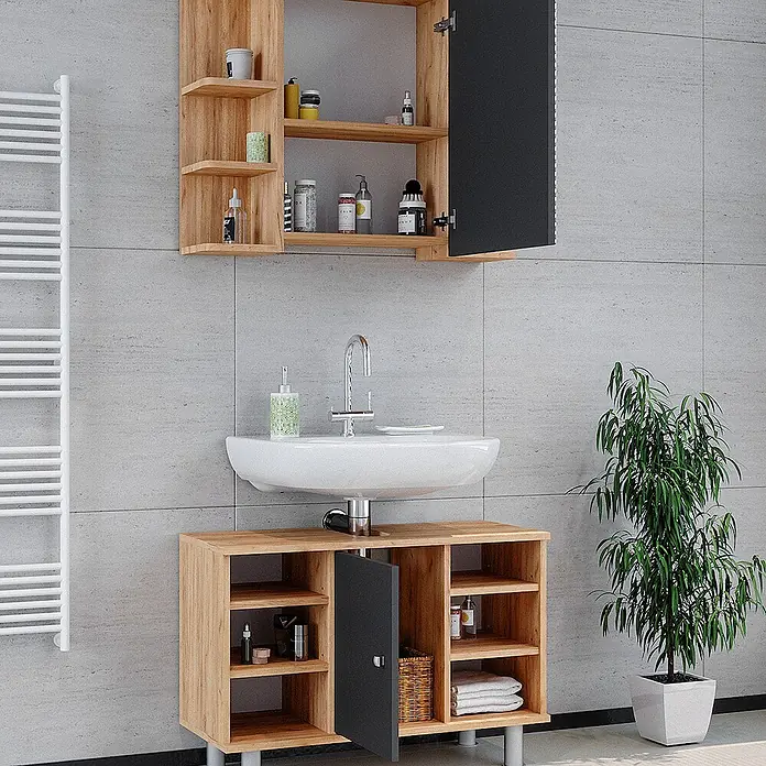 Vicco Badmöbel-Set Fynn Goldkraft Eiche 2 Teile, Unterschrank 80 cm - Gesamtbreite Badmöbel: 80 cm, Goldkraft Eiche, Matt - Badezimmerset aus Holz mit Waschbecken, Wand- und Bodenschränken, schwarzen Türen und offenen Fächern.