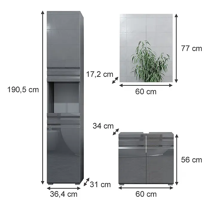 Vicco Badmöbel-Set Fredd Anthrazit Hochglanz 3 Teile, mit Hochschrank - Gesamtbreite Badmöbel: 96,4 cm, Anthrazit Hochglanz, Matt - Set aus grauen Hochglanz-Badschränken und einer dekorativen Wandplatte mit Pflanze.