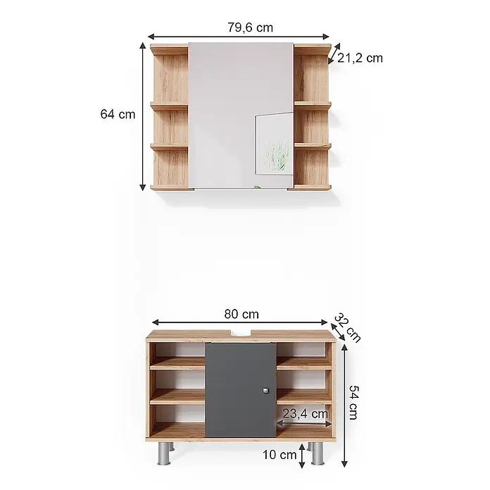 Vicco Badmöbel-Set Fynn Goldkraft Eiche 2 Teile, Unterschrank 80 cm - Gesamtbreite Badmöbel: 80 cm, Goldkraft Eiche, Matt - Flurmöbelset in Holzoptik mit Spiegel und Unterschrank mit Regalen und Schiebetür.