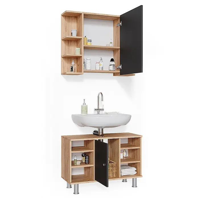 Vicco Badmöbel-Set Fynn Goldkraft Eiche 2 Teile, Unterschrank 80 cm - Gesamtbreite Badmöbel: 80 cm, Goldkraft Eiche, Matt - Eichenfarbenes Badmöbel-Set mit Hängeschrank, offenen Regalen, schwarzen Türen und Waschbeckenunterschrank für Kosmetik und Handtücher.