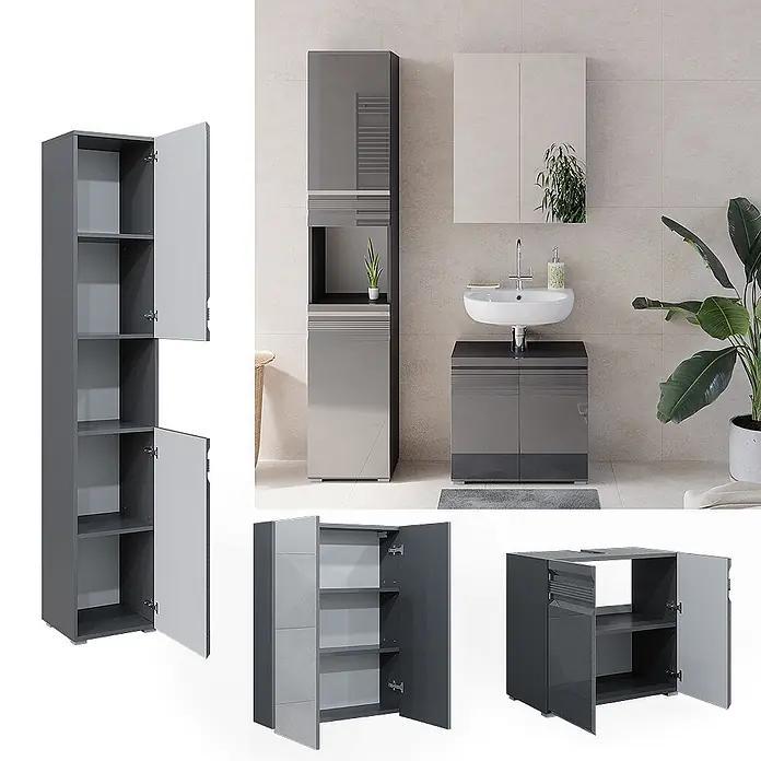 Vicco Badmöbel-Set Fredd Anthrazit Hochglanz 3 Teile, mit Hochschrank - Gesamtbreite Badmöbel: 96,4 cm, Anthrazit Hochglanz, Matt - Dunkelgraue Hochglanz-Badmöbel, bestehend aus Hochschrank, Waschtischunterbau und Hängeschrank, bieten vielseitigen Stauraum.