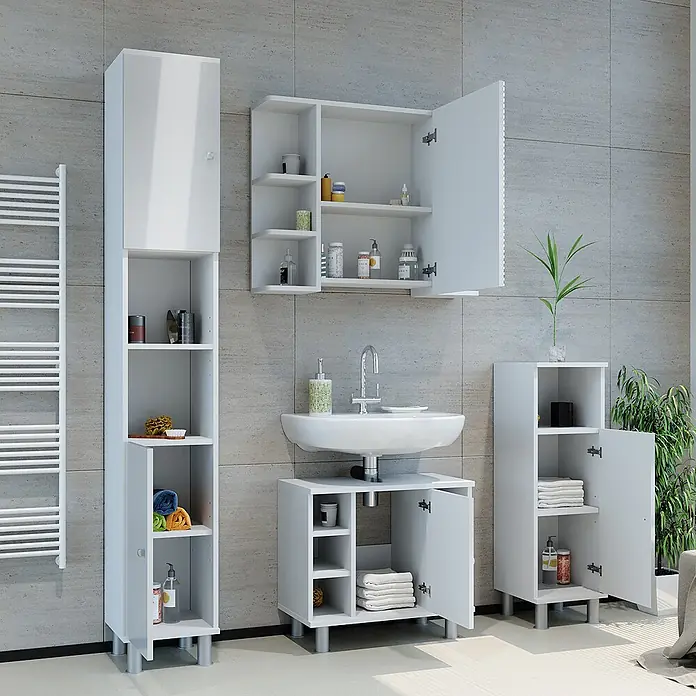 Vicco Badmöbel-Set Fynn Weiß Hochglanz 2 Teile - Gesamtbreite Badmöbel: 60 cm, Weiß Hochglanz, Glänzend - Weißes Badmöbel-Set: Hochschrank, Wandschrank, Waschtischunterschrank und Beistellschrank, in modernem Badezimmer.