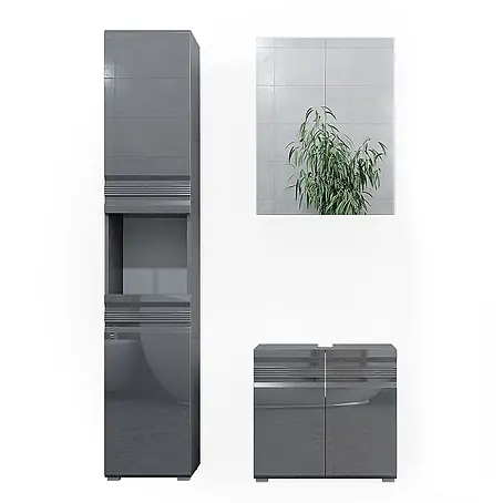 Vicco  Badmöbel-Set Fredd Anthrazit Hochglanz 3 Teile, mit Hochschrank