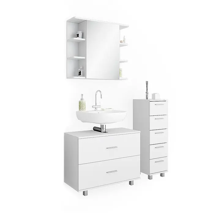 Vicco Badmöbel-Set Ilias Weiß 3 Teile, mit Unterschrank 80 cm - Gesamtbreite Badmöbel: 110,2 cm, Weiß, Matt - Moderner weißer Badezimmerschrank-Set mit Spiegelschrank, Waschbecken, zweischubladigem Unterschrank und hohem fünfschubladigem Schrank.