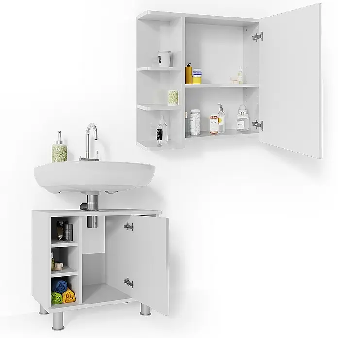Vicco Badmöbel-Set Fynn Weiß Hochglanz 2 Teile - Gesamtbreite Badmöbel: 60 cm, Weiß Hochglanz, Glänzend - Weißer Badschrank mit Waschbecken und passendem Wandschrank, beide mit Ablagen und Türen.
