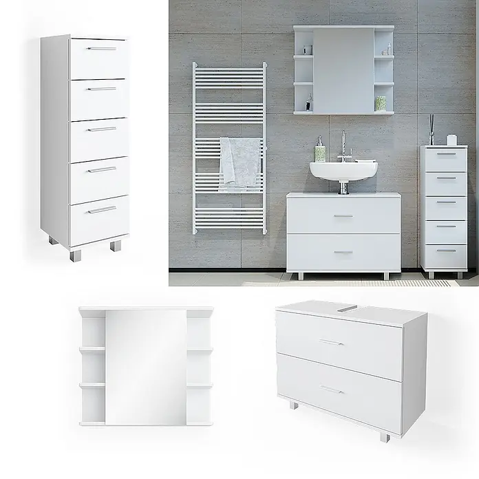 Vicco Badmöbel-Set Ilias Weiß 3 Teile, mit Unterschrank 80 cm - Gesamtbreite Badmöbel: 110,2 cm, Weiß, Matt - Modernes weißes Badmöbel-Set mit Hochschrank, Waschtischunterschrank und Spiegelschrank mit Ablagen.