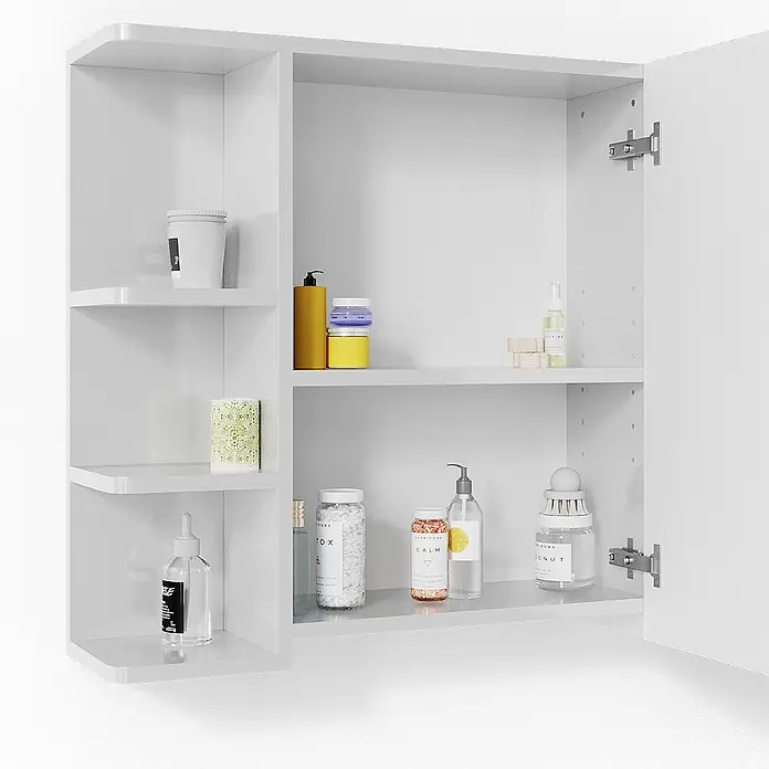 Vicco Badmöbel-Set Fynn Weiß Hochglanz 2 Teile - Gesamtbreite Badmöbel: 60 cm, Weiß Hochglanz, Glänzend - Weißer Badezimmer-Wandschrank mit offenen Regalen und geöffneter Tür, mit Toilettenartikeln.