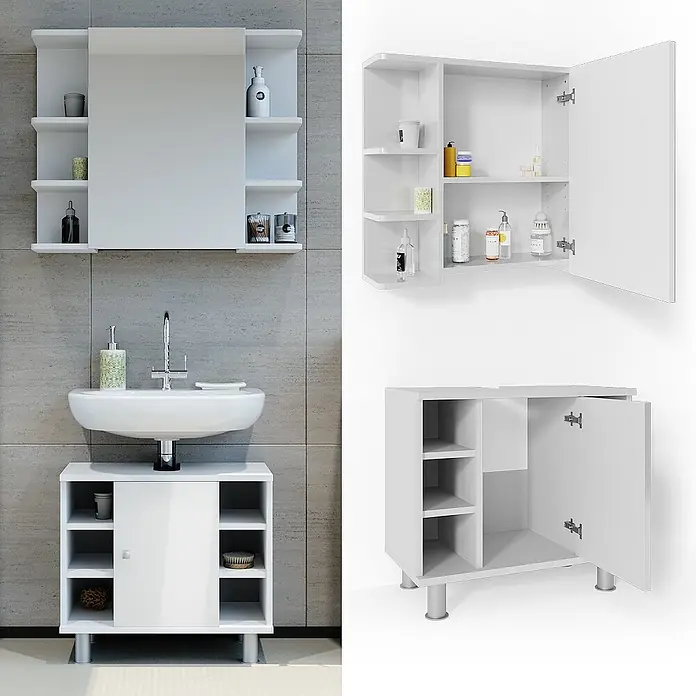 Vicco Badmöbel-Set Fynn Weiß Hochglanz 2 Teile - Gesamtbreite Badmöbel: 60 cm, Weiß Hochglanz, Glänzend - Weißes Badezimmermöbel-Set, bestehend aus einem Wandschrank mit Spiegel und Ablagen sowie einem stehenden Waschbeckenunterschrank.
