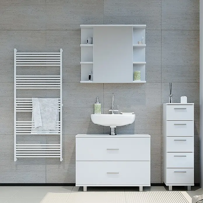 Vicco Badmöbel-Set Ilias Weiß 3 Teile, mit Unterschrank 80 cm - Gesamtbreite Badmöbel: 110,2 cm, Weiß, Matt - Weißes Badezimmermöbel-Set mit Waschtisch, Hochschrank, Spiegelschrank und Handtuchwärmer.