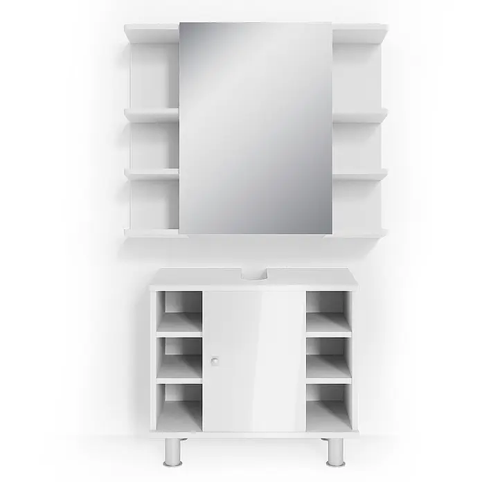 Vicco Badmöbel-Set Fynn Weiß Hochglanz 2 Teile - Gesamtbreite Badmöbel: 60 cm, Weiß Hochglanz, Glänzend - Weißer Badunterschrank mit Spiegelschrank, offenen Fächern und zentralem Stauraum.