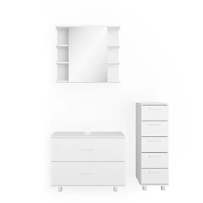 Vicco Badmöbel-Set Ilias Weiß 3 Teile, mit Unterschrank 80 cm - Gesamtbreite Badmöbel: 110,2 cm, Weiß, Matt - Weißes Badmöbelset: Wandspiegelschrank mit Seitenregalen, Waschtischunterschrank mit zwei Schubladen und hoher Fünf-Schubladen-Schrank.