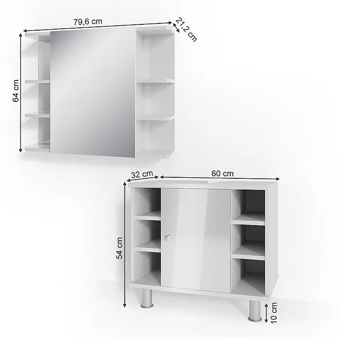 Vicco Badmöbel-Set Fynn Weiß Hochglanz 2 Teile - Gesamtbreite Badmöbel: 60 cm, Weiß Hochglanz, Glänzend - Weißes Badmöbel-Set: ein Wandspiegelschrank und ein Waschtischunterschrank mit Türen und offenen Fächern.