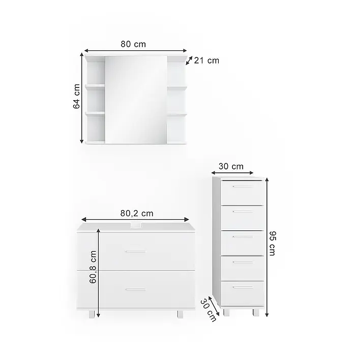 Vicco Badmöbel-Set Ilias Weiß 3 Teile, mit Unterschrank 80 cm - Gesamtbreite Badmöbel: 110,2 cm, Weiß, Matt - Weißes Badmöbel-Set mit Spiegelschrank, Waschbeckenunterschrank und hohem Schubladenschrank, inklusive Maße.