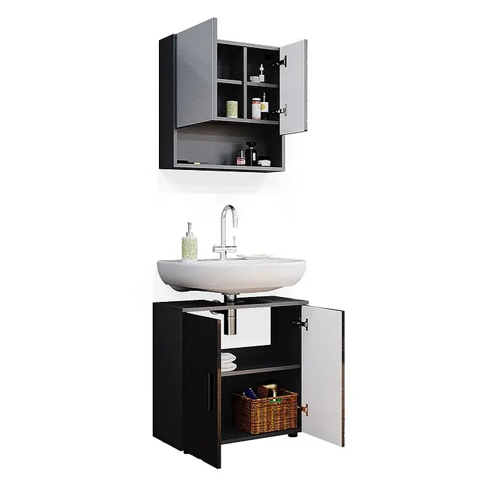 Vicco Badmöbel-Set Irma Anthrazit Hochglanz 2 Teile, Unterschrank 60 cm - Gesamtbreite Badmöbel: 60 cm, Anthrazit Hochglanz, Glänzend - Dunkelgraues Badmöbelset mit Wandschrank und Waschbeckenschrank, beide mit offenem und geschlossenem Stauraum für Toilettenartikel und Handtücher.