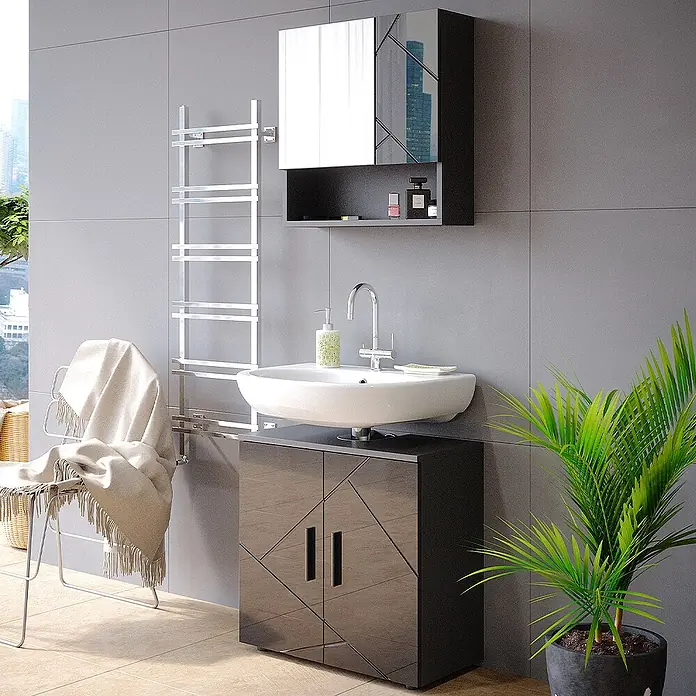 Vicco Badmöbel-Set Irma Anthrazit Hochglanz 2 Teile, Unterschrank 60 cm - Gesamtbreite Badmöbel: 60 cm, Anthrazit Hochglanz, Glänzend - Schwarzer Badschrank mit geometrischen Türen und weißem Keramikwaschbecken.