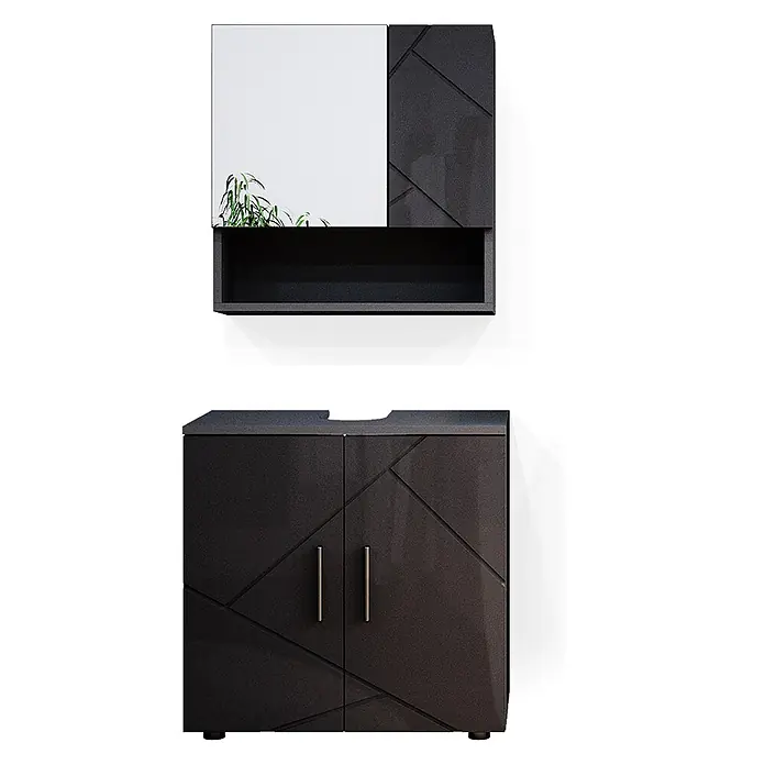 Vicco Badmöbel-Set Irma Anthrazit Hochglanz 2 Teile, Unterschrank 60 cm - Gesamtbreite Badmöbel: 60 cm, Anthrazit Hochglanz, Glänzend - Dunkelgraues Badmöbel-Set mit Spiegelschrank und Waschbeckenunterschrank. Geometrische Türen, schlanke Griffe.