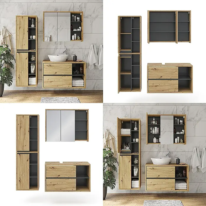 Vicco Badmöbel-Set Viola Artisan-Eiche 3 Teile - Gesamtbreite Badmöbel: 150 cm, Artisan-Eiche, Matt - Badezimmermöbel-Set mit heller Holzoptik und dunkelgrauen Akzenten, bestehend aus Waschtisch, Hochschrank und Spiegelschrank.