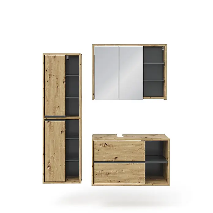 Vicco Badmöbel-Set Viola Artisan-Eiche 3 Teile - Gesamtbreite Badmöbel: 150 cm, Artisan-Eiche, Matt - Badmöbel-Set in Eichenoptik: Hochschrank, Spiegelschrank und Waschtischunterschrank mit dunkelgrauen Innenräumen.