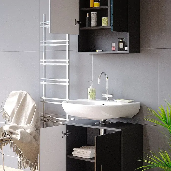 Vicco Badmöbel-Set Irma Anthrazit Hochglanz 2 Teile, Unterschrank 60 cm - Gesamtbreite Badmöbel: 60 cm, Anthrazit Hochglanz, Glänzend - Modernes Badmöbel-Set mit weißem Keramikwaschbecken, Chromarmatur und dunkelgrauen Aufbewahrungsschränken.