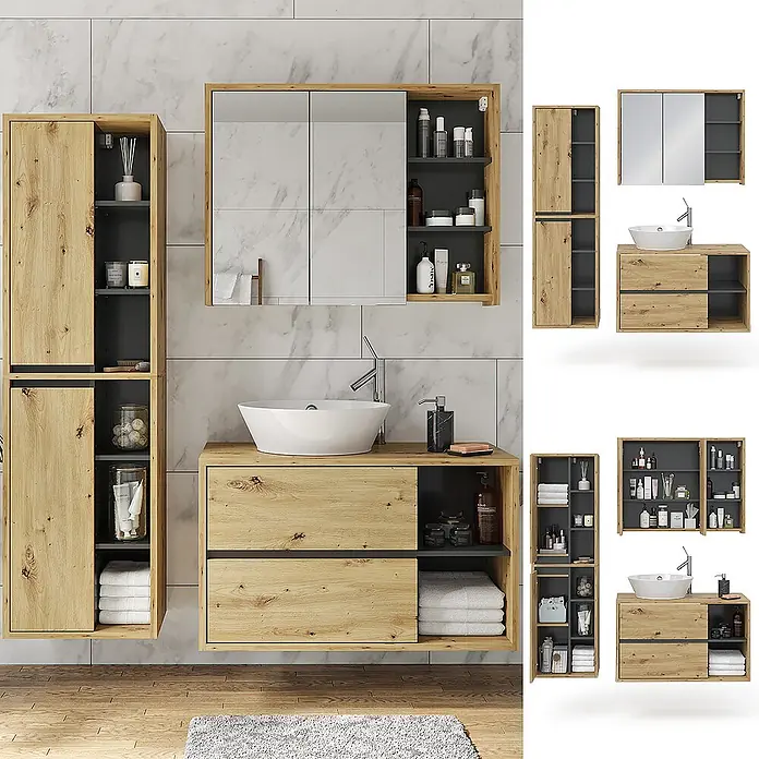 Vicco Badmöbel-Set Viola Artisan-Eiche 3 Teile - Gesamtbreite Badmöbel: 150 cm, Artisan-Eiche, Matt - Modernes Badezimmermöbel-Set aus hellem Holz und Dunkelgrau, bestehend aus Hochschrank, Spiegelschrank und Waschtischunterschrank.