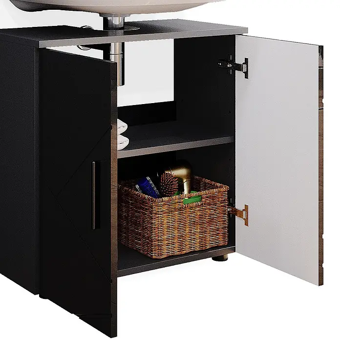 Vicco Badmöbel-Set Irma Anthrazit Hochglanz 2 Teile, Unterschrank 60 cm - Gesamtbreite Badmöbel: 60 cm, Anthrazit Hochglanz, Glänzend - Schwarzer Unterschrank mit einer offenen weißen Tür, zeigt Innenregale, einen Weidenkorb und Föhn.