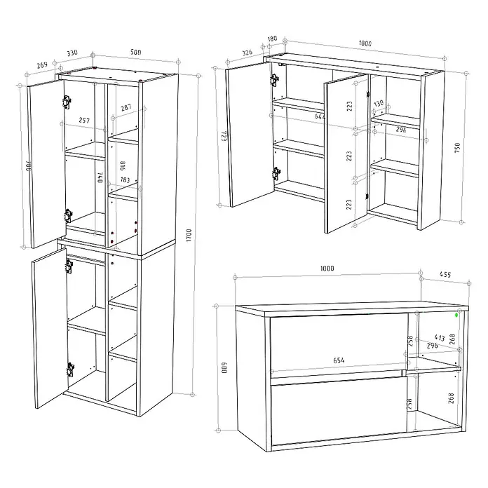 Vicco Badmöbel-Set Viola Weiß 3 Teile - Gesamtbreite Badmöbel: 150 cm, Weiß, Matt - Technische Zeichnung modularer Möbelstücke, mit verschiedenen Maßen und Konfigurationen.