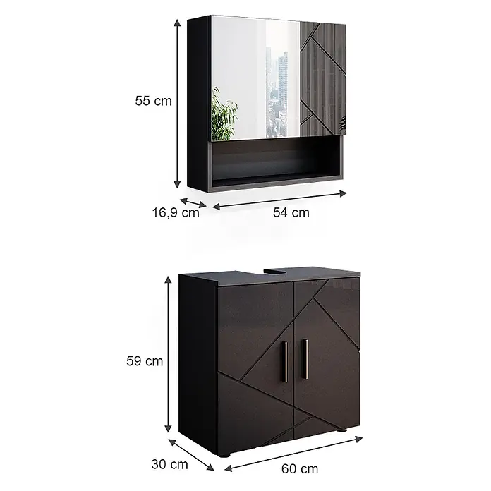 Vicco Badmöbel-Set Irma Anthrazit Hochglanz 2 Teile, Unterschrank 60 cm - Gesamtbreite Badmöbel: 60 cm, Anthrazit Hochglanz, Glänzend - Zwei dunkelbraune Badschränke: ein wandmontierter Spiegelschrank mit offenem Regal und ein stehender Waschtischunterschrank mit geometrischem Muster.