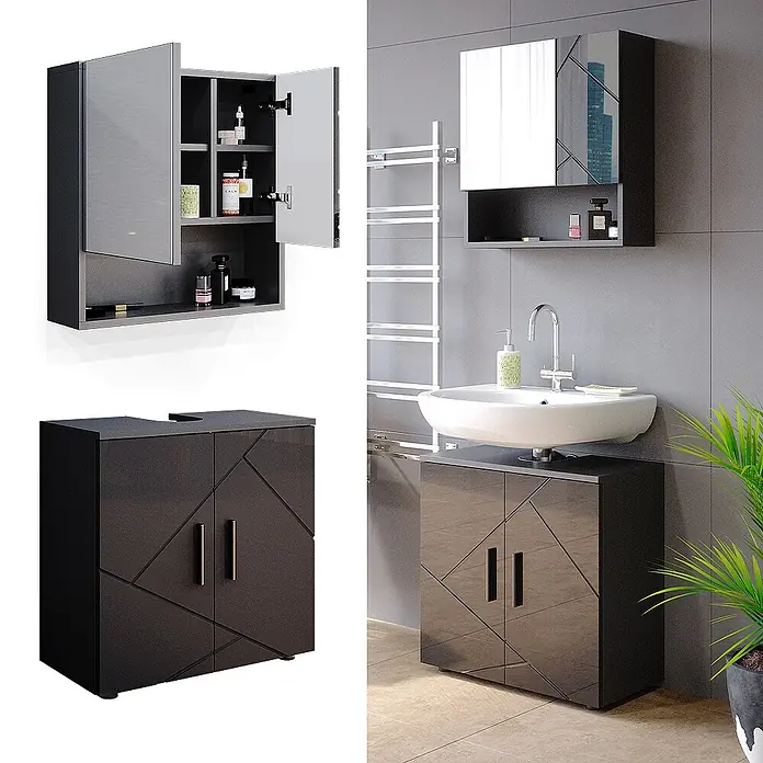 Vicco Badmöbel-Set Irma Anthrazit Hochglanz 2 Teile, Unterschrank 60 cm - Gesamtbreite Badmöbel: 60 cm, Anthrazit Hochglanz, Glänzend - Dunkelgraues glänzendes Badschrank-Set mit geometrischem Muster. Inklusive wandmontiertem Spiegelschrank und Waschtisch.