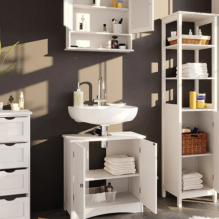Vicco Badmöbel-Set Bianco Weiß 4 Teile - Gesamtbreite Badmöbel: 130 cm, Weiß, Matt - Weißer Badunterschrank mit integriertem Waschbecken und offenen Türen in einem modernen Badezimmer.