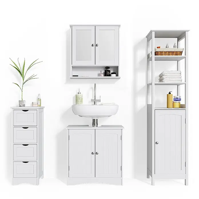 Vicco Badmöbel-Set Bianco Weiß 4 Teile - Gesamtbreite Badmöbel: 130 cm, Weiß, Matt - Weißes Badmöbelset mit Waschtischunterschrank, Wandschrank, Schubladenelement und hohem Regal für viel Stauraum.