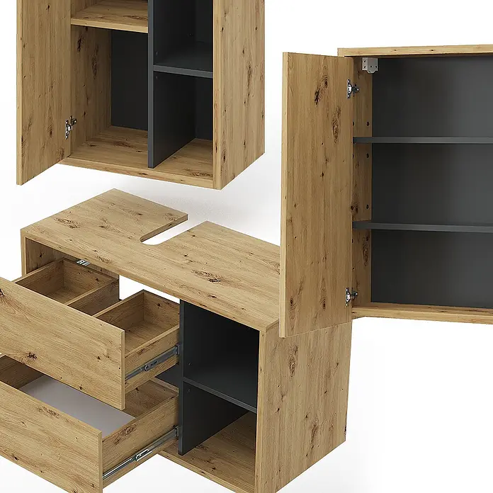 Vicco Badmöbel-Set Viola Artisan-Eiche 3 Teile - Gesamtbreite Badmöbel: 150 cm, Artisan-Eiche, Matt - Modulares Schreibtisch- und Schranksystem in heller Holzoptik mit dunklen Akzenten, mit offenen Fächern, Schubladen und Türen.