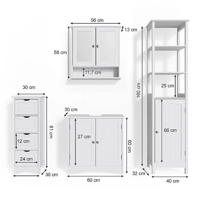 Vicco Badmöbel-Set Bianco Weiß 4 Teile - Gesamtbreite Badmöbel: 130 cm, Weiß, Matt - Set aus vier weißen Holzbadschränken: ein Wandschrank, eine hohe Schubladeneinheit, ein Unterschrank und ein hohes Regal mit Tür.