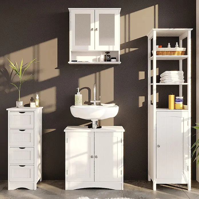 Vicco Badmöbel-Set Bianco Weiß 4 Teile - Gesamtbreite Badmöbel: 130 cm, Weiß, Matt - Weißes Badezimmermöbel-Set aus Holz mit Waschtisch, Wandschrank, Regal und Schubladenturm.