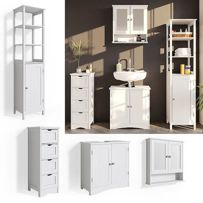 Vicco Badmöbel-Set Bianco Weiß 4 Teile - Gesamtbreite Badmöbel: 130 cm, Weiß, Matt - Kollektion weißer Badmöbel aus Holz: hohe Regale, Schubladenschränke und Unterschränke.