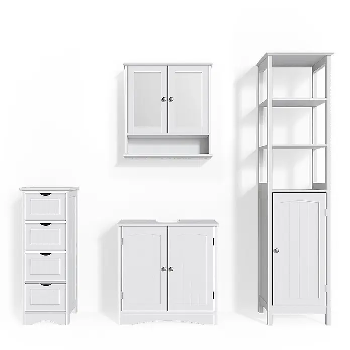 Vicco Badmöbel-Set Bianco Weiß 4 Teile - Gesamtbreite Badmöbel: 130 cm, Weiß, Matt - Set aus weißen Holzbadmöbeln, bestehend aus Wandschrank, Waschtischunterschrank, Hochschrank und Schubladenelement.