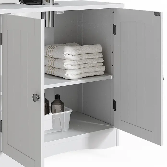 Vicco Badmöbel-Set Bianco Weiß 4 Teile - Gesamtbreite Badmöbel: 130 cm, Weiß, Matt - Weißer Badezimmerschrank mit zwei offenen Türen, Regalen mit Handtüchern und Toilettenartikeln, für Sanitäranschlüsse konzipiert.