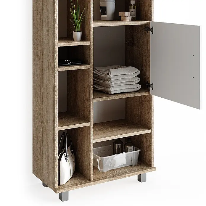 Vicco Badmöbel-Set Ilias Sonoma 4 Teile - Gesamtbreite Badmöbel: 150 cm, Sonoma, Matt - Hellbrauner Holzmaserung-Schrank mit offenen Fächern und einem Fach mit weißer Tür, zeigt Handtücher und Deko.