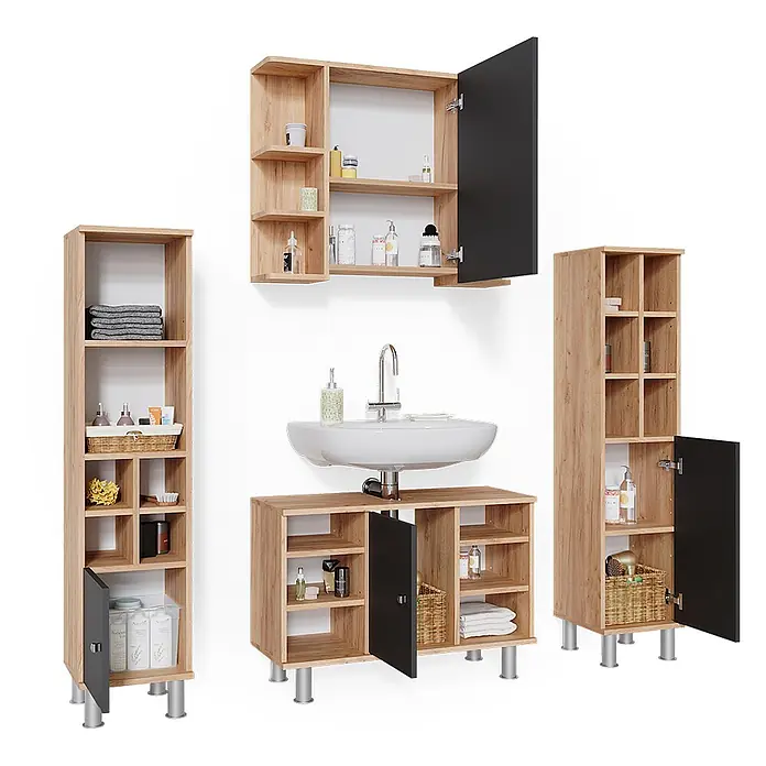 Vicco Badmöbel-Set Fynn Goldkraft Eiche 4 Teile, mit Midischränke - Gesamtbreite Badmöbel: 140 cm, Goldkraft Eiche, Matt - Badmöbelset aus hellem Holz mit dunklen Türen: Wandschrank, Waschtischunterschrank und zwei Hochschränke.
