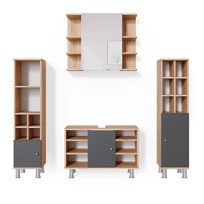 Vicco Badmöbel-Set Fynn Goldkraft Eiche 4 Teile, mit Midischränke - Gesamtbreite Badmöbel: 140 cm, Goldkraft Eiche, Matt - Modulares Möbelset aus hellem Holz und Dunkelgrau: Spiegelschrank, TV-Schrank und zwei hohe Aufbewahrungsschränke.