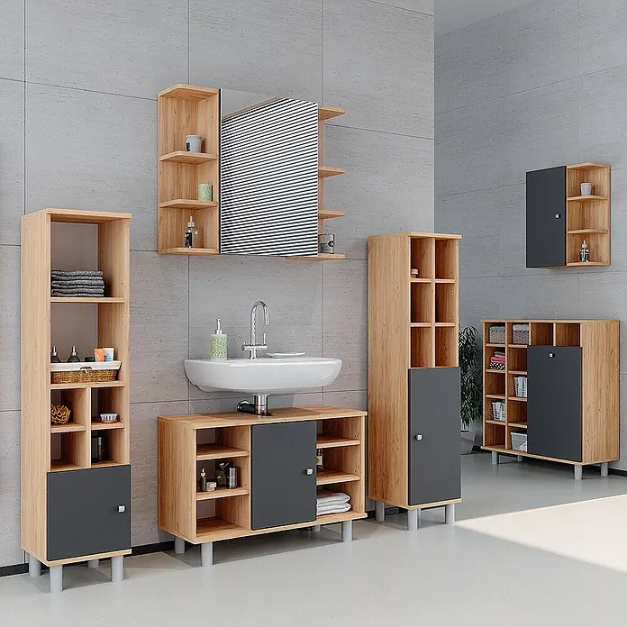 Vicco Badmöbel-Set Fynn Goldkraft Eiche 4 Teile, mit Midischränke - Gesamtbreite Badmöbel: 140 cm, Goldkraft Eiche, Matt - Badezimmermöbel-Set in hellem Holz und Dunkelgrau, mit Schränken, offenen Regalen und Waschtisch.