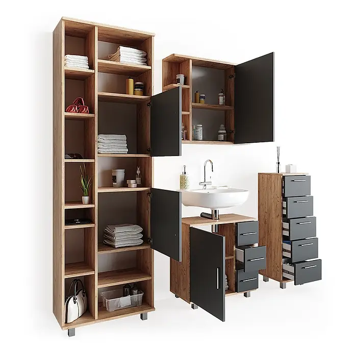 Vicco Badmöbel-Set Ilias Eiche 4 Teile - Gesamtbreite Badmöbel: 150 cm, Eiche, Matt - Modulares Badmöbel-Set: helle Holzregale, dunkelgraue Schränke, Waschtisch und Schubladeneinheiten.