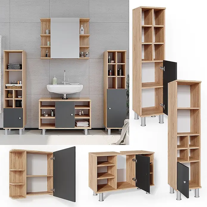 Vicco Badmöbel-Set Fynn Goldkraft Eiche 4 Teile, mit Midischränke - Gesamtbreite Badmöbel: 140 cm, Goldkraft Eiche, Matt - Modernes Badmöbel-Set in hellem Holz und Dunkelgrau, mit Waschtisch, Spiegelschrank und hohen Aufbewahrungsschränken.