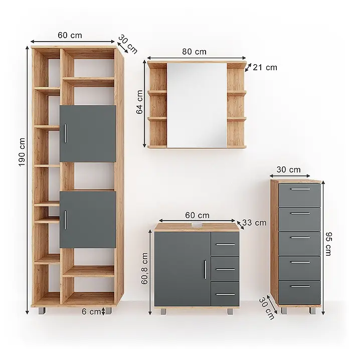 Vicco Badmöbel-Set Ilias Eiche 4 Teile - Gesamtbreite Badmöbel: 150 cm, Eiche, Matt - Modernes, modulares Möbelset aus Holz und Grau mit hohem Bücherregal, Spiegel, Unterschrank und Kommode, alle mit Maßen.