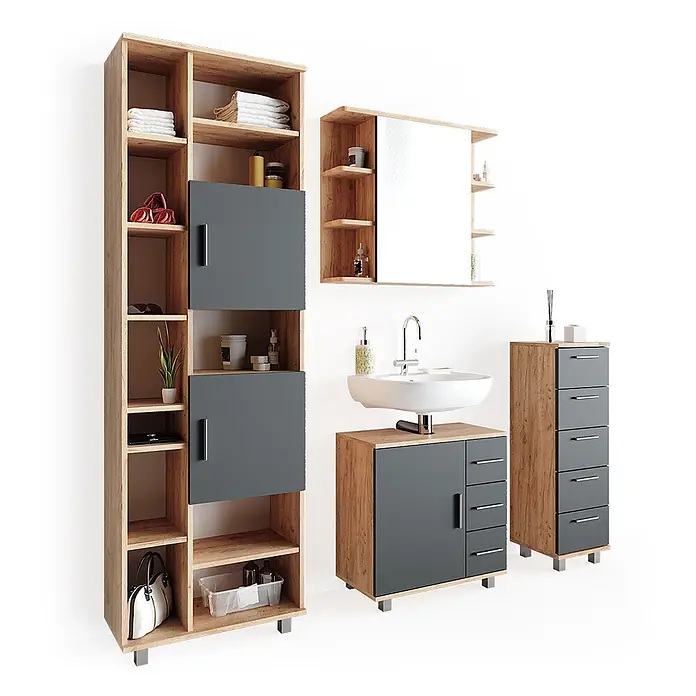 Vicco Badmöbel-Set Ilias Eiche 4 Teile - Gesamtbreite Badmöbel: 150 cm, Eiche, Matt - Badezimmermöbel-Set in heller Holzoptik und Dunkelgrau, bestehend aus Hochschrank, Waschtischunterschrank, Spiegelschrank und Schubladenkommode.