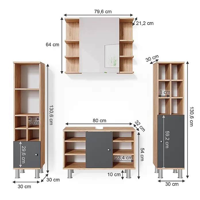 Vicco Badmöbel-Set Fynn Goldkraft Eiche 4 Teile, mit Midischränke - Gesamtbreite Badmöbel: 140 cm, Goldkraft Eiche, Matt - Dreiteiliges Flurmöbelset aus heller Holzoptik und grauen Türen, bestehend aus Spiegelschrank, Hochschrank und Sideboard.
