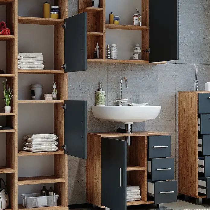 Vicco Badmöbel-Set Ilias Eiche 4 Teile - Gesamtbreite Badmöbel: 150 cm, Eiche, Matt - Badezimmerschranksystem: Holzregale, dunkelgraue Türen/Schubladen, Waschtisch mit Waschbecken, für Pflegeprodukte & Handtücher.