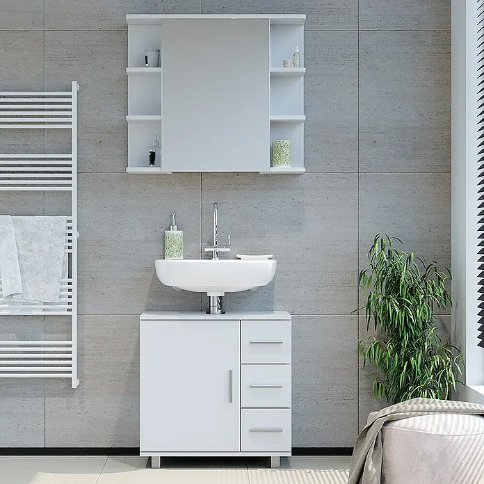 Vicco Badmöbel-Set Ilias Weiß 2 Teile - Gesamtbreite Badmöbel: 60 cm, Weiß, Matt - Weißer Badunterschrank mit Keramikwaschbecken, Stauraum und Wandspiegelschrank mit Ablagen.